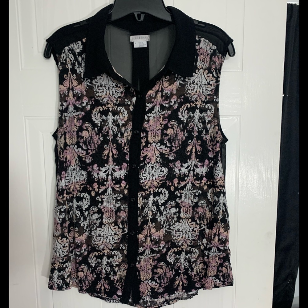 LADIES SLEEVELESS TOP WITH FLOWERS DESIGN AND BLACK SEE THROUGH MATERIAL IN BACK
